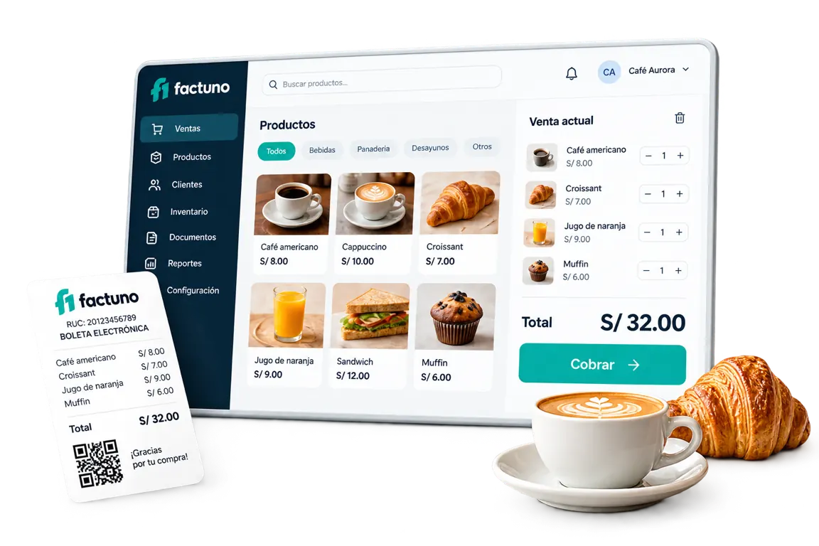 Factuno en una cafetería: punto de venta en una tableta junto a un recibo electrónico de ejemplo, un café y un croissant
